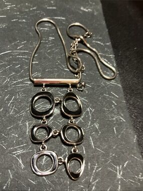 Vintage art style necklace in silver with black enamel on pendant ~ snake chain